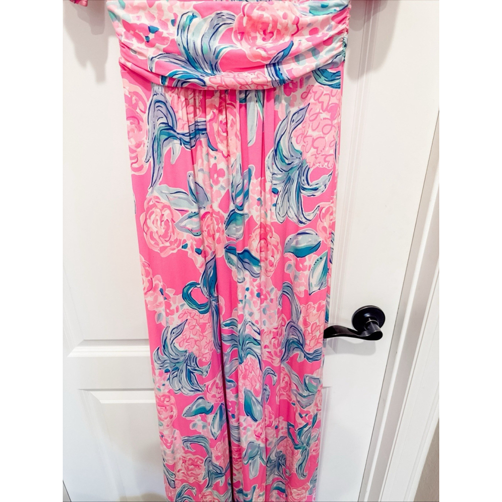 Lilly Pulitzer Maxi Dress Pink Positive Floral V-Neck Ruched Waist 58” Long Sml - Picture 8 of 10